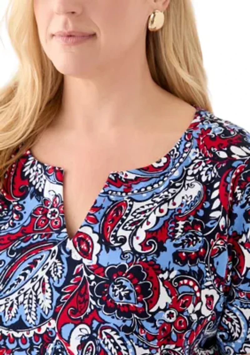 Plus Short Sleeve Split Neck Printed Top