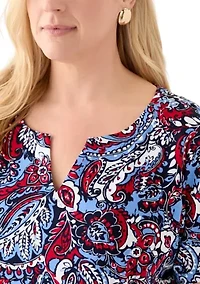 Plus Short Sleeve Split Neck Printed Top