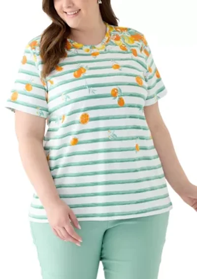 Plus Short Sleeve Crew Neck Placement Print with Stripe Shirt