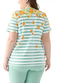 Plus Short Sleeve Crew Neck Placement Print with Stripe Shirt