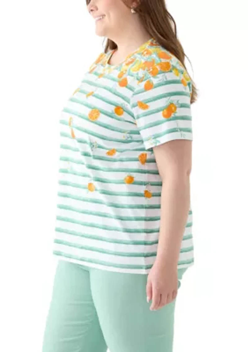 Plus Short Sleeve Crew Neck Placement Print with Stripe Shirt