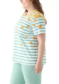 Plus Short Sleeve Crew Neck Placement Print with Stripe Shirt