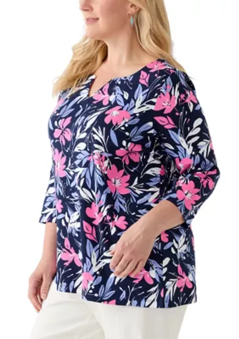 Plus Split Neck Printed Top