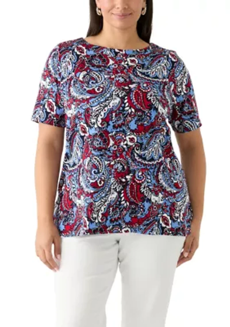 Plus Elbow Sleeve Button Trim Printed Tunic