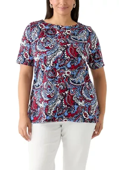 Plus Elbow Sleeve Button Trim Printed Tunic