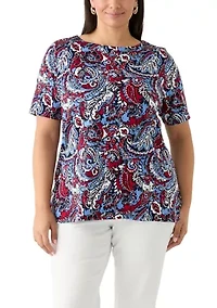 Plus Elbow Sleeve Button Trim Printed Tunic
