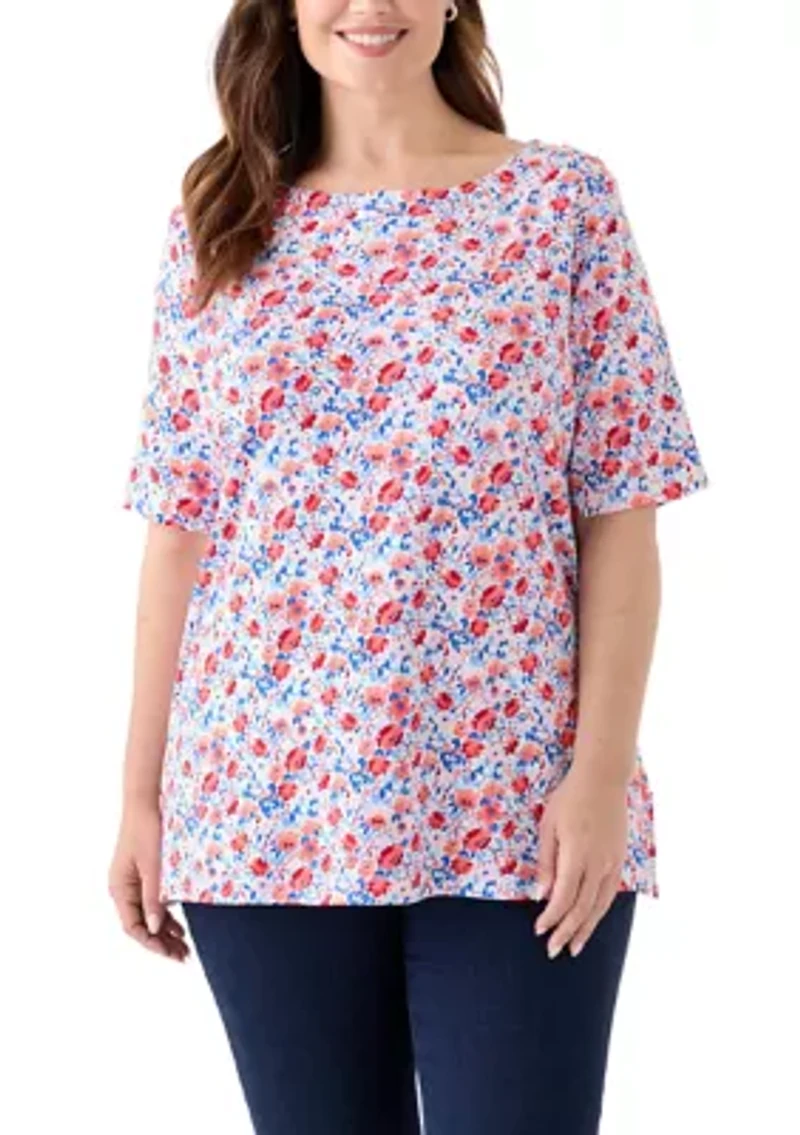 Plus Elbow Sleeve Button Trim Printed Tunic