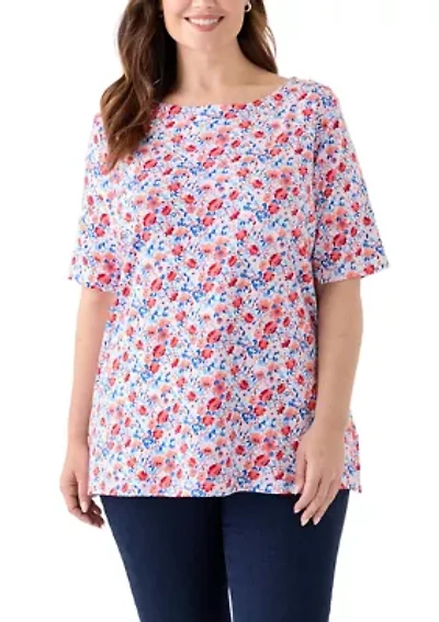 Plus Elbow Sleeve Button Trim Printed Tunic
