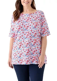 Plus Elbow Sleeve Button Trim Printed Tunic