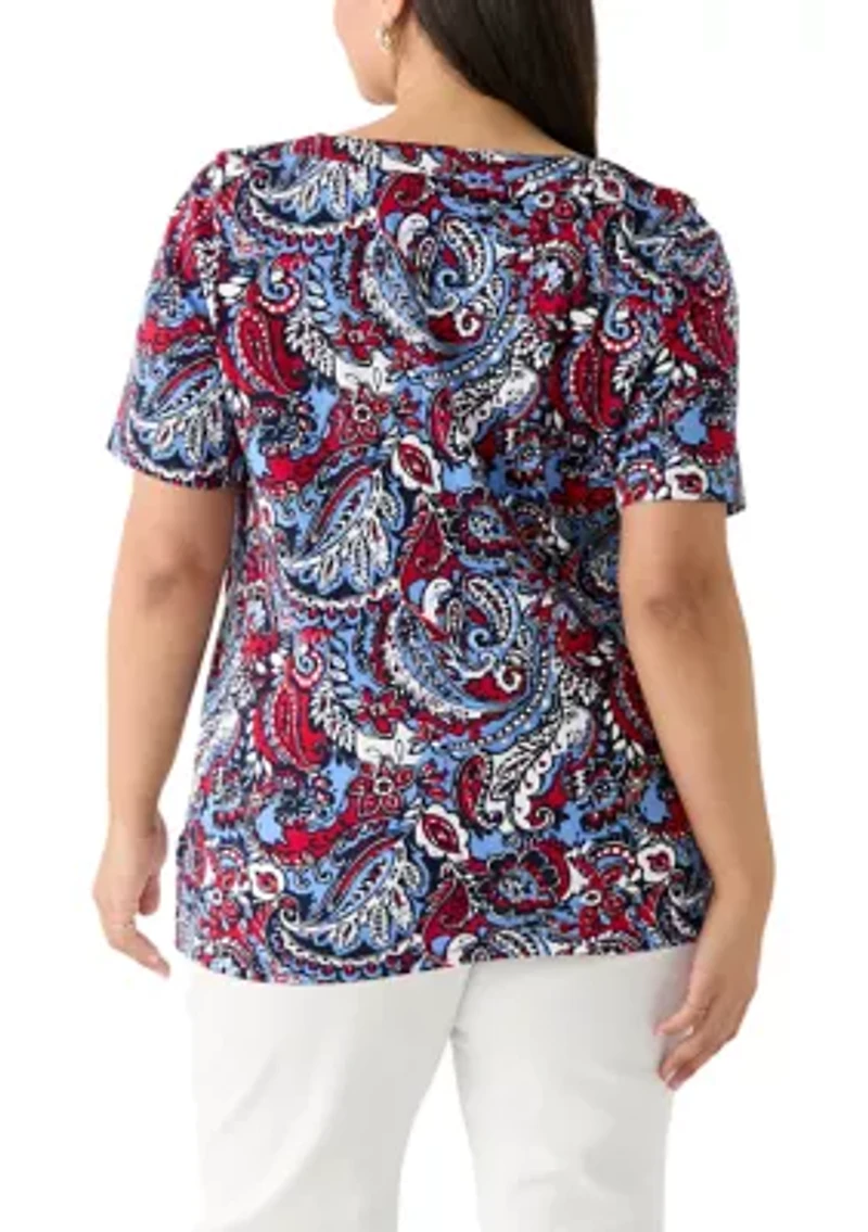 Plus Elbow Sleeve Button Trim Printed Tunic