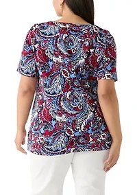 Plus Elbow Sleeve Button Trim Printed Tunic