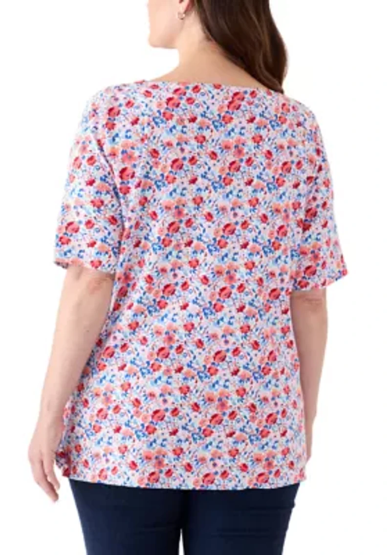 Plus Elbow Sleeve Button Trim Printed Tunic
