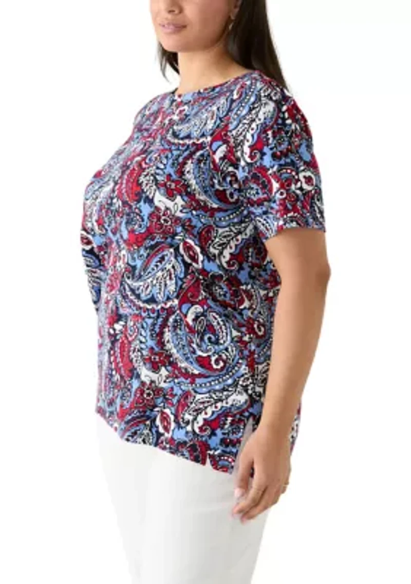 Plus Elbow Sleeve Button Trim Printed Tunic