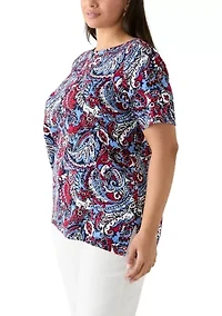 Plus Elbow Sleeve Button Trim Printed Tunic