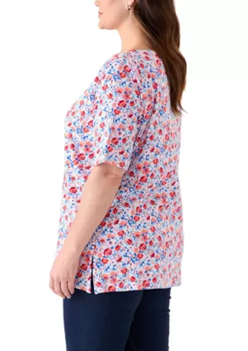 Plus Elbow Sleeve Button Trim Printed Tunic