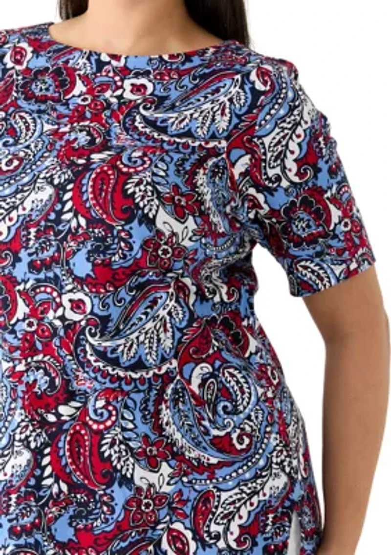 Plus Elbow Sleeve Button Trim Printed Tunic