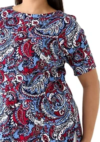 Plus Elbow Sleeve Button Trim Printed Tunic