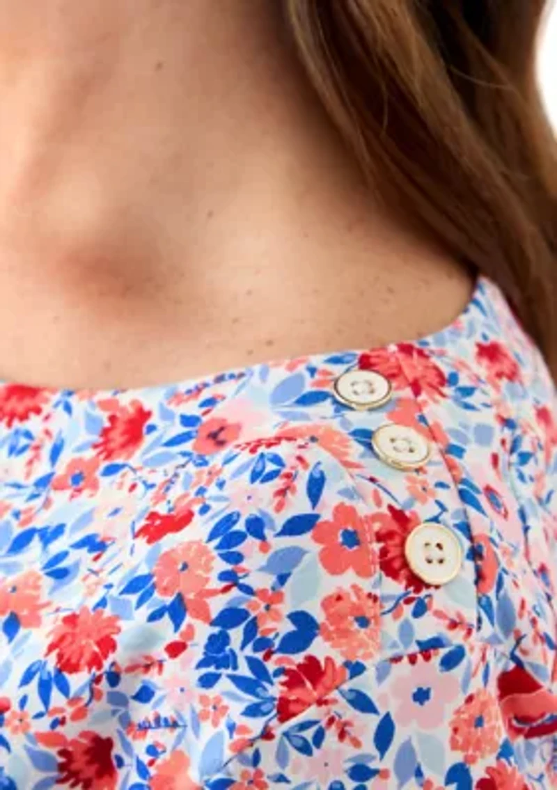 Plus Elbow Sleeve Button Trim Printed Tunic