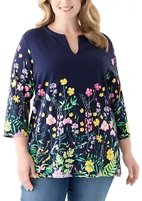 Plus 3/4 Sleeve Knit Split Neck Placement Print Tunic Top