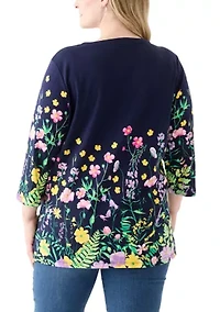 Plus 3/4 Sleeve Knit Split Neck Placement Print Tunic Top