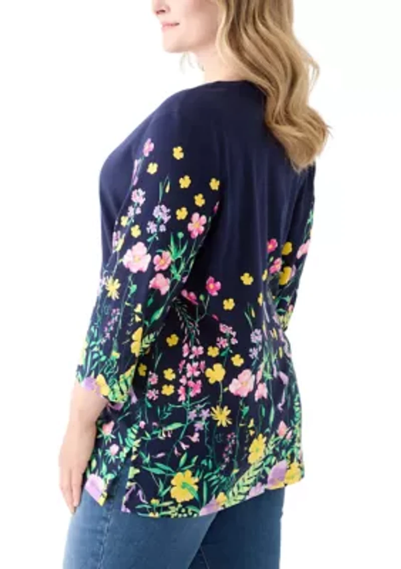 Plus 3/4 Sleeve Knit Split Neck Placement Print Tunic Top