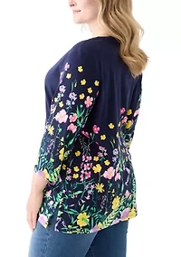 Plus 3/4 Sleeve Knit Split Neck Placement Print Tunic Top