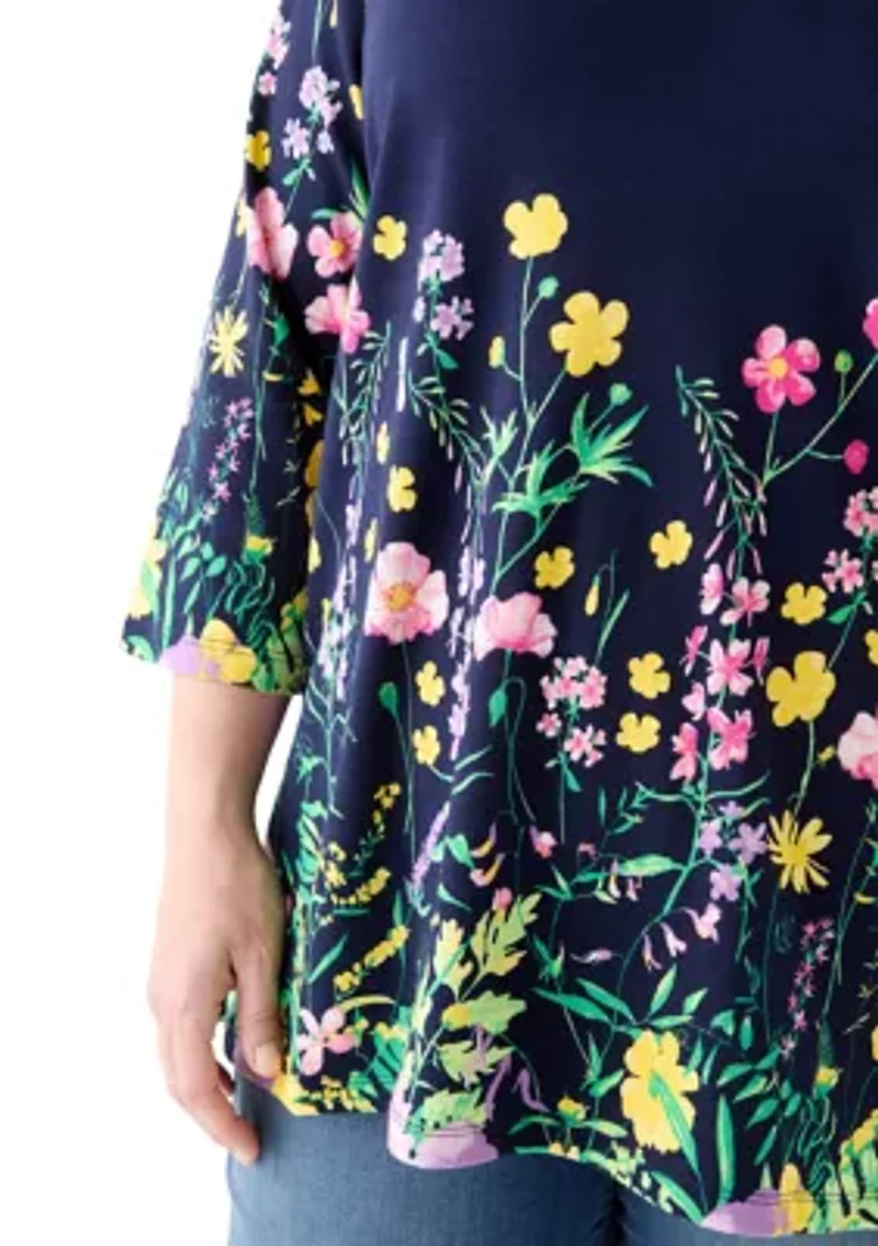 Plus 3/4 Sleeve Knit Split Neck Placement Print Tunic Top
