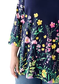 Plus 3/4 Sleeve Knit Split Neck Placement Print Tunic Top