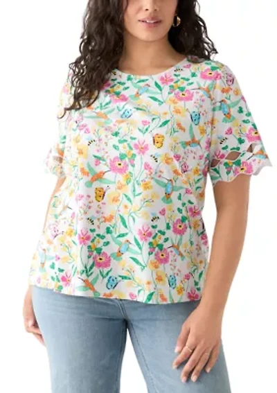 Plus Elbow Sleeve Allover Print T-Shirt with Scallop Details