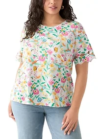 Plus Elbow Sleeve Allover Print T-Shirt with Scallop Details