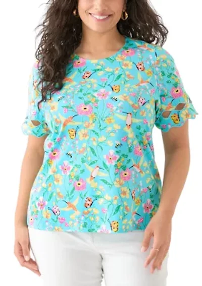 Plus Elbow Sleeve Allover Print T-Shirt with Scallop Details