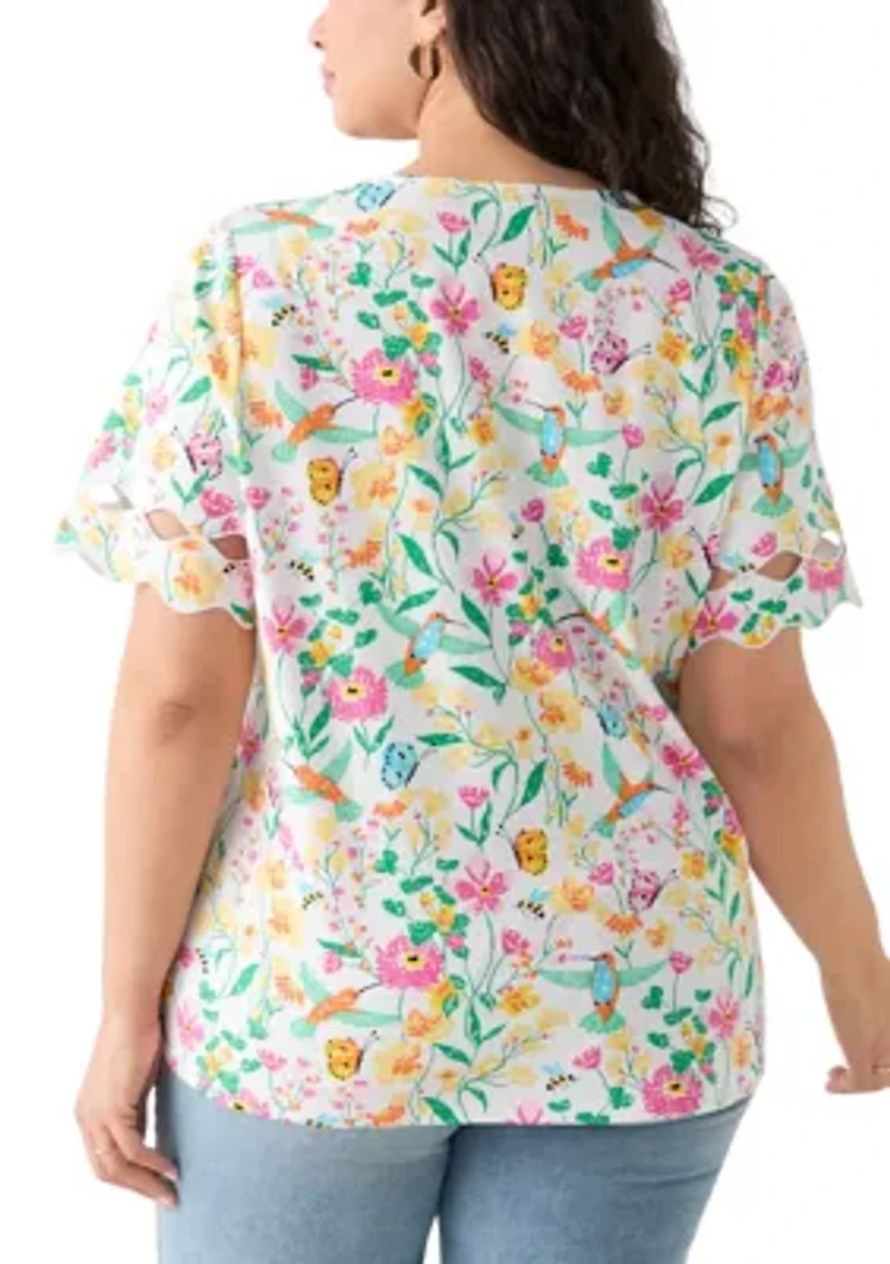 Plus Elbow Sleeve Allover Print T-Shirt with Scallop Details