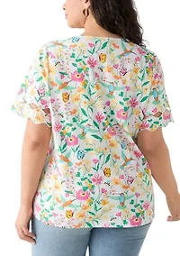 Plus Elbow Sleeve Allover Print T-Shirt with Scallop Details