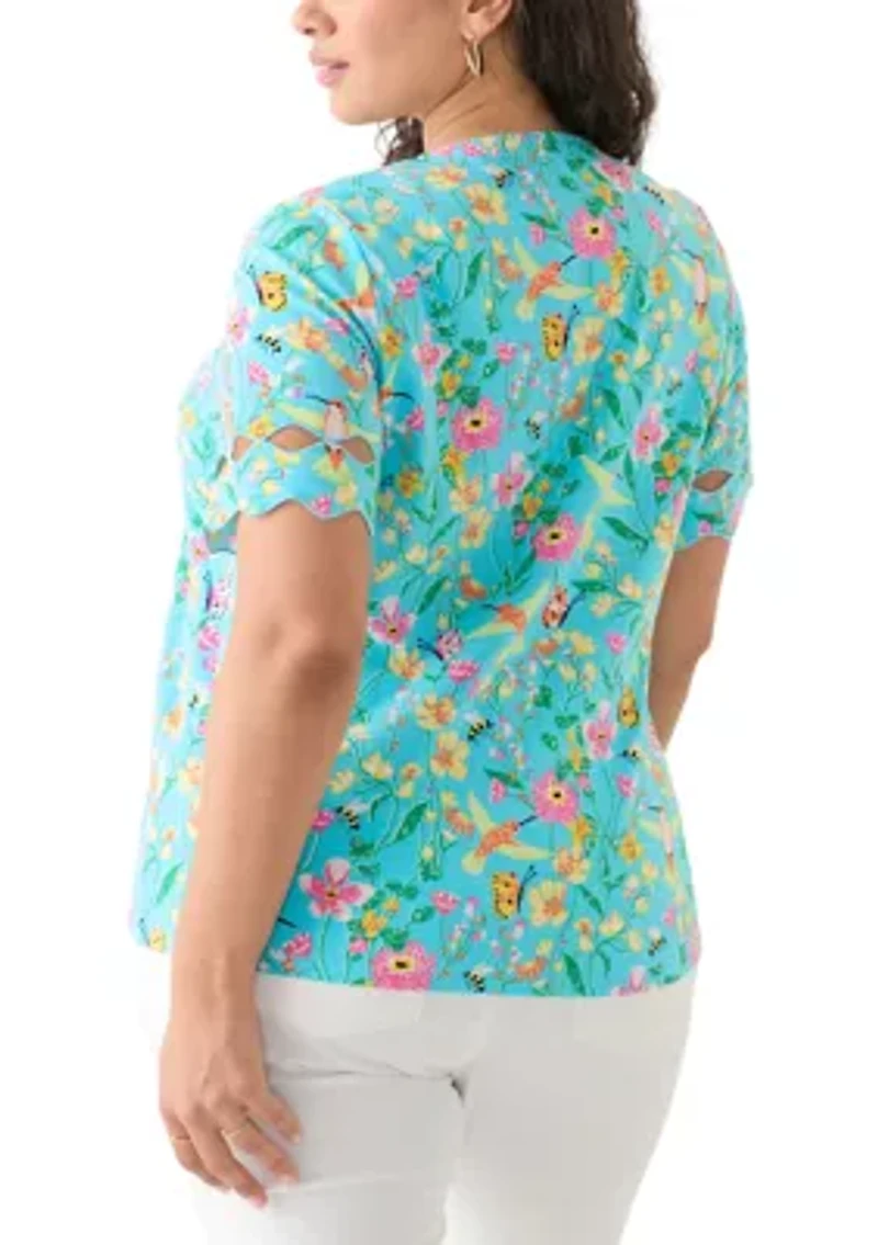 Plus Elbow Sleeve Allover Print T-Shirt with Scallop Details