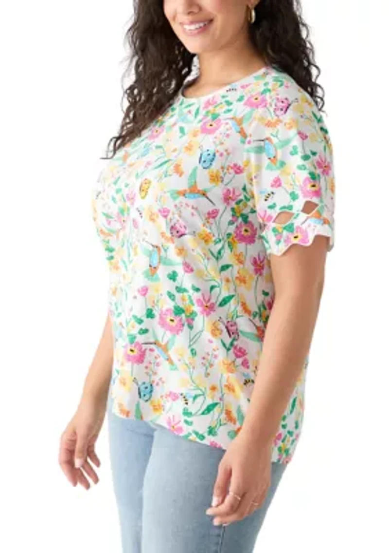 Plus Elbow Sleeve Allover Print T-Shirt with Scallop Details