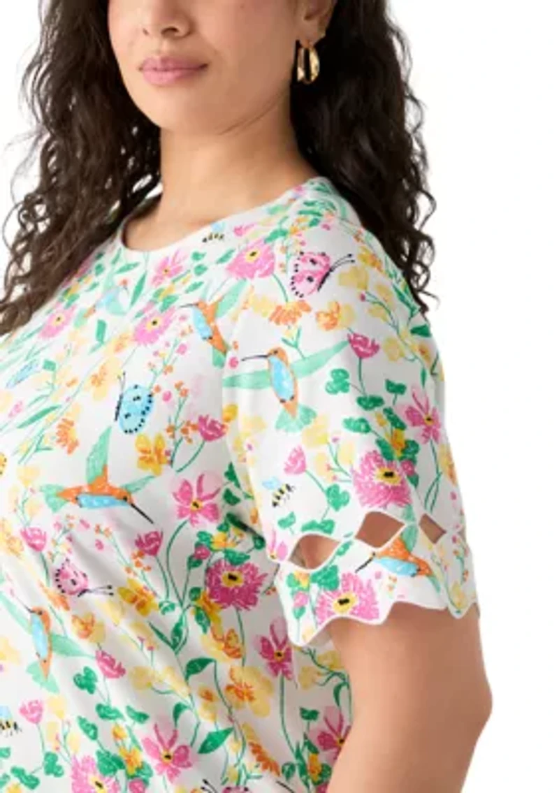 Plus Elbow Sleeve Allover Print T-Shirt with Scallop Details