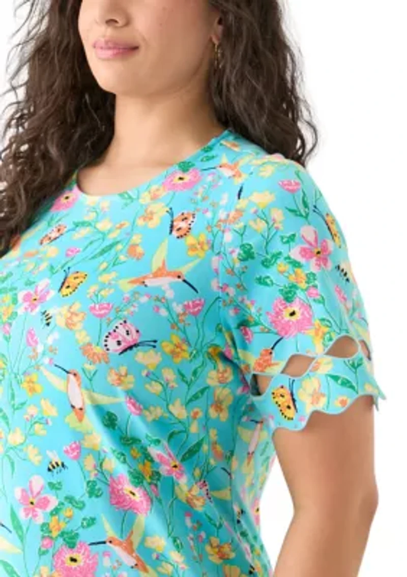 Plus Elbow Sleeve Allover Print T-Shirt with Scallop Details