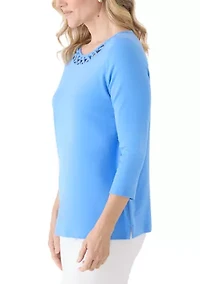 Plus Three-Quarter Sleeve Neck Detail T-Shirt
