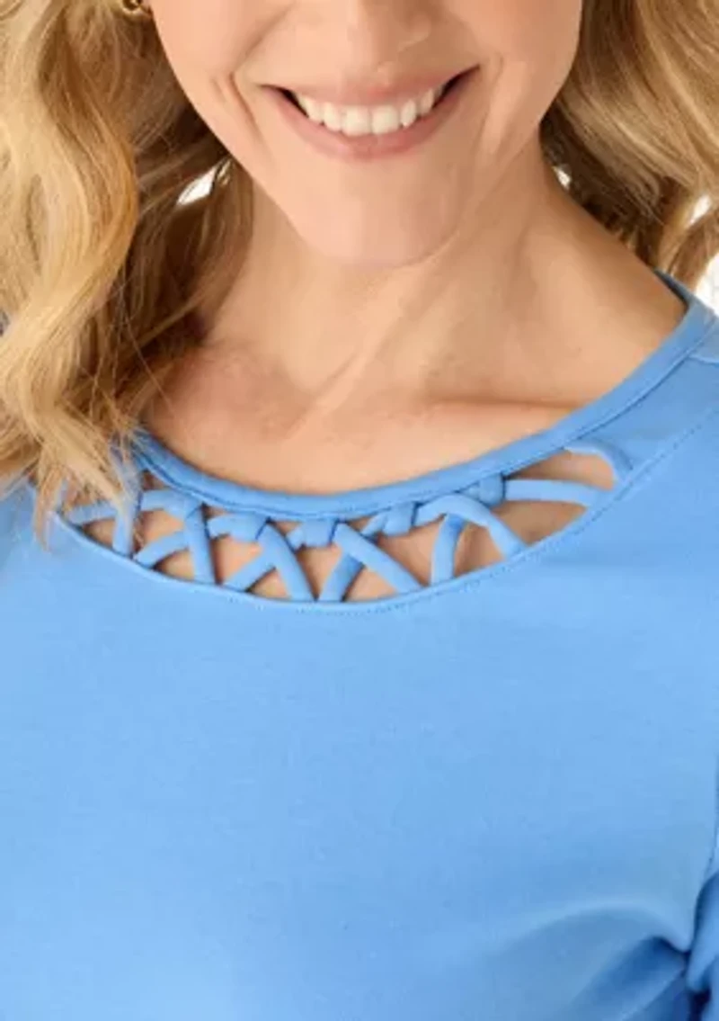 Plus Three-Quarter Sleeve Neck Detail T-Shirt