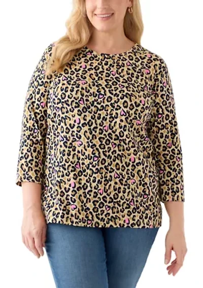 Plus 3/4 Sleeve Crew Print Top