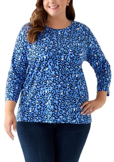 Plus 3/4 Sleeve Crew Print Top
