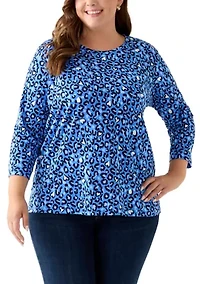 Plus 3/4 Sleeve Crew Print Top