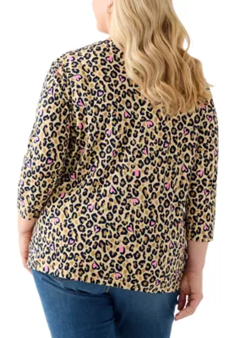 Plus 3/4 Sleeve Crew Print Top