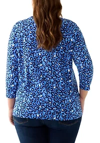 Plus 3/4 Sleeve Crew Print Top