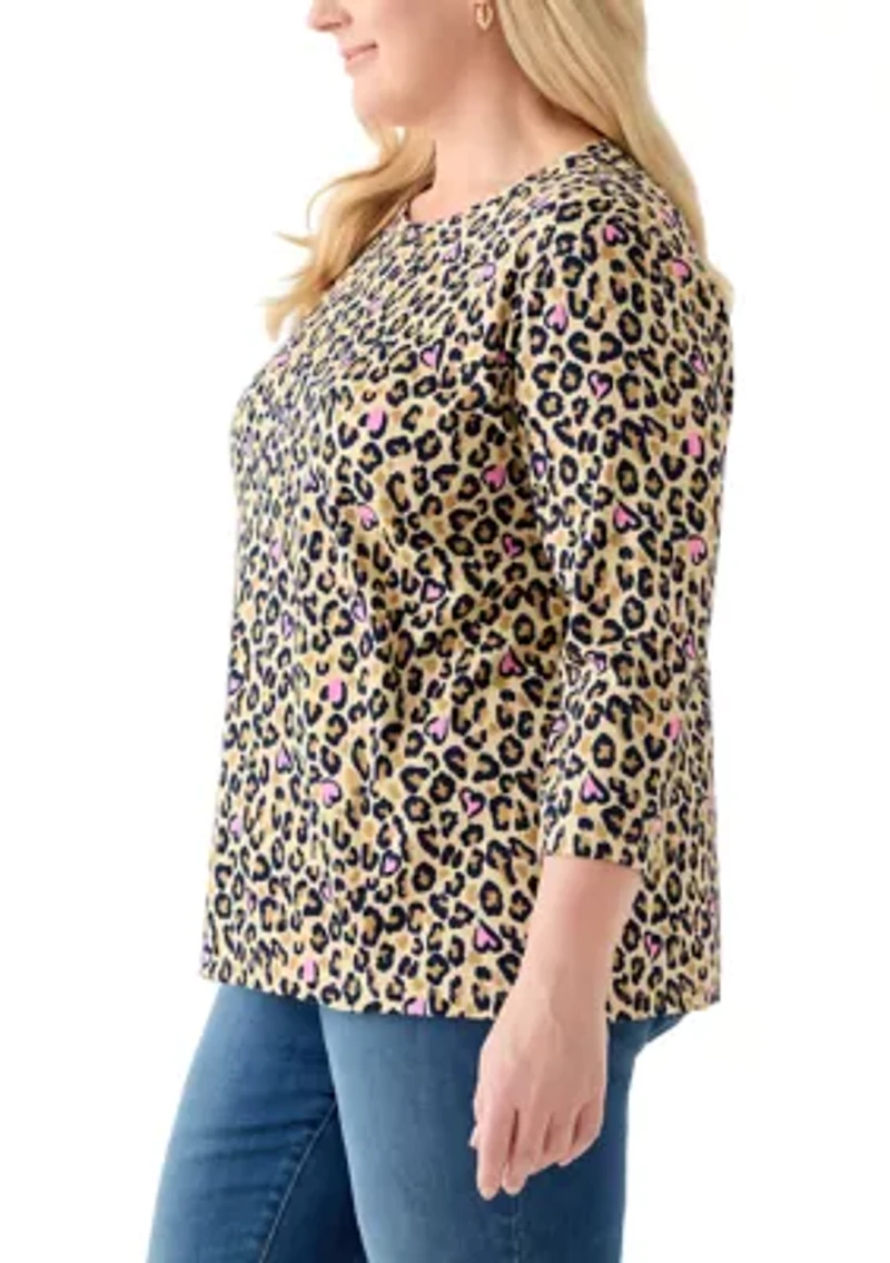 Plus 3/4 Sleeve Crew Print Top
