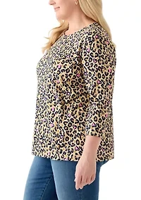 Plus 3/4 Sleeve Crew Print Top
