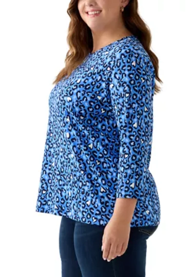 Plus 3/4 Sleeve Crew Print Top