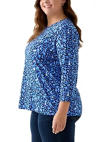 Plus 3/4 Sleeve Crew Print Top