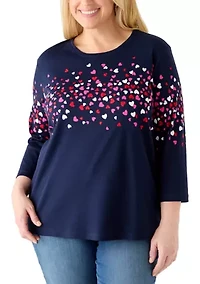 Plus Three-Quarter Sleeve Crew Neck Placement Printed Top