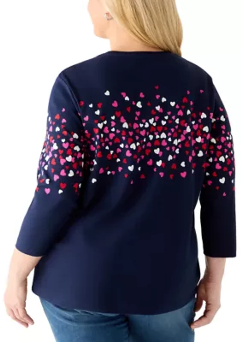 Plus Three-Quarter Sleeve Crew Neck Placement Printed Top